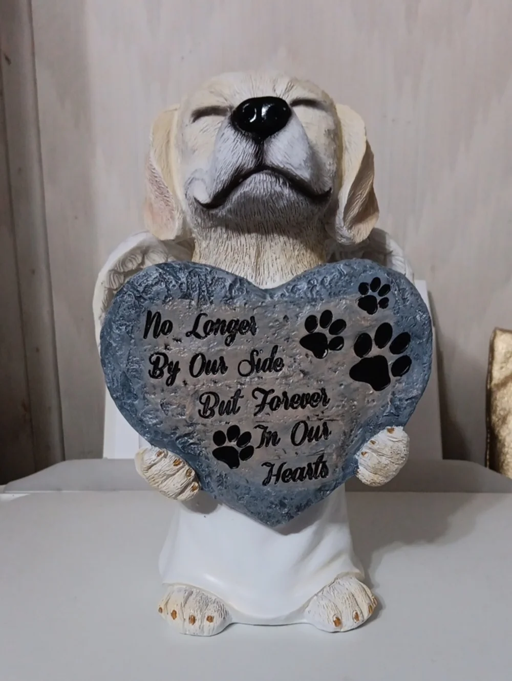 Pet Memorial Dog Statue Holding Heart - Cream and Gray
